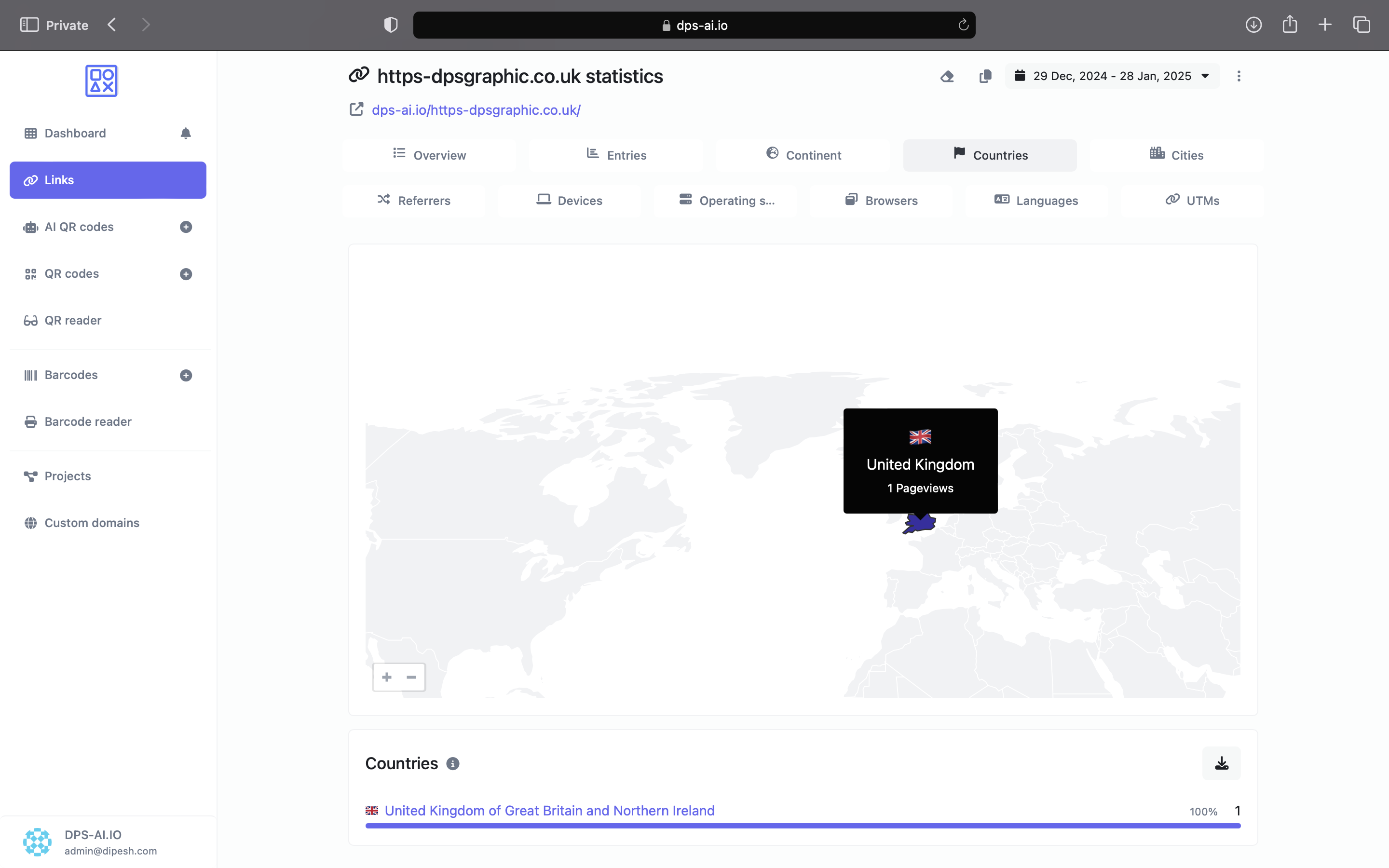 Screenshot of the QR code analytics page