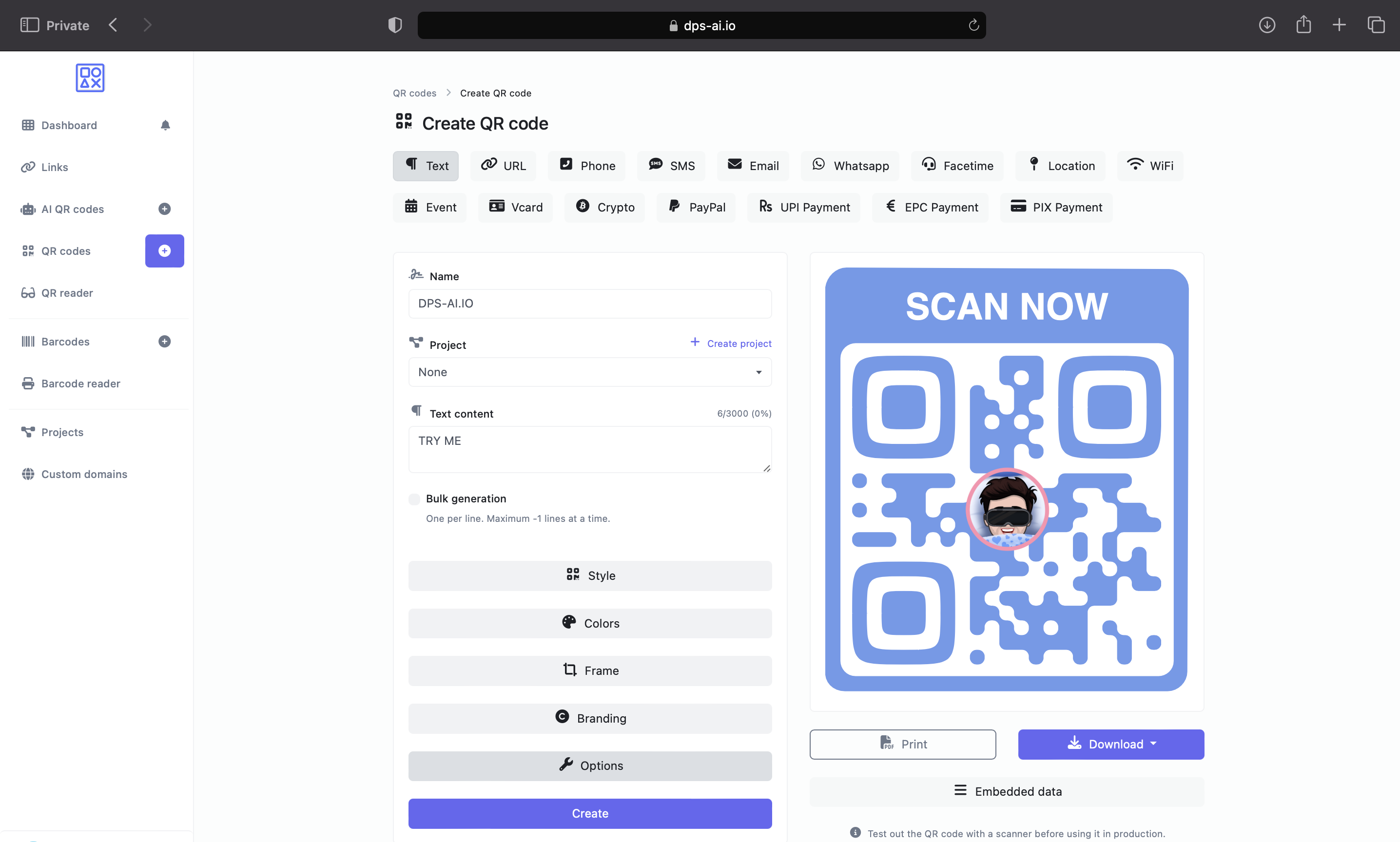 Screenshot of the QR code generator page